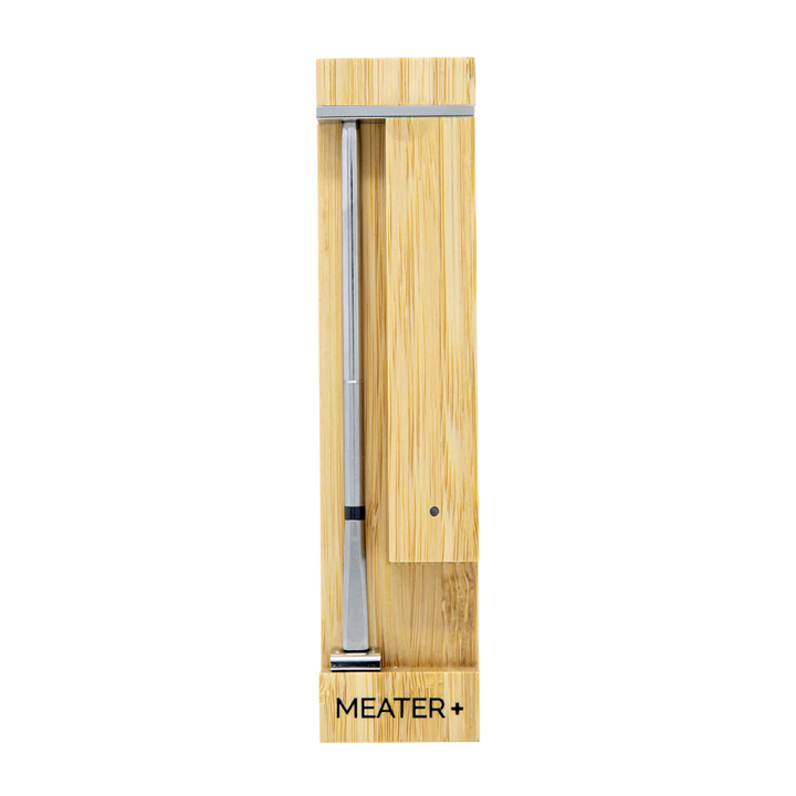 Meater+ meat thermometer with wooden casing on a white background