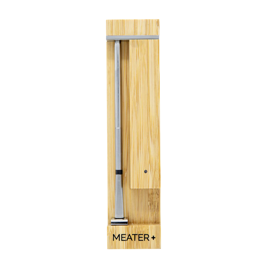 Meater+ meat thermometer with wooden casing on a white background