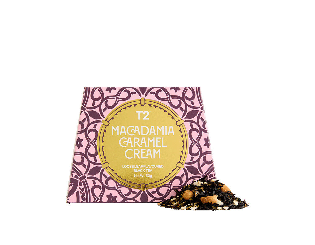 T2 Macadamia Caramel Cream tea packaging on a white background