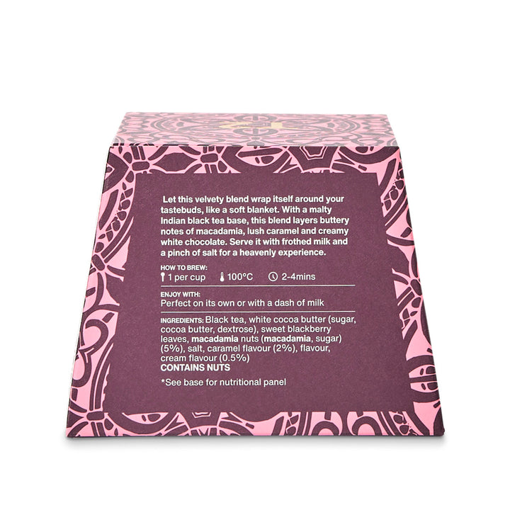 Tea packaging with pink and black design on a white background