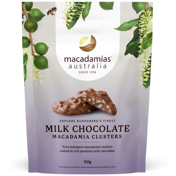 Packaging of milk chocolate macadamia clusters from Macadamias Australia with macadamia nuts and flowers on a white background.