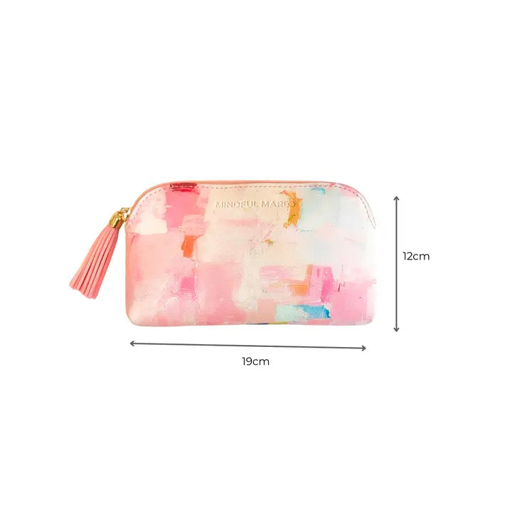 A pink watercolor-patterned zip-around wallet with a tassel zipper pull, shown with dimension lines indicating 19cm width and 12cm height on a white background.