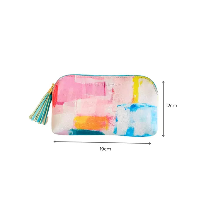 A colorful zippered pouch with an abstract watercolor paint design in pink, blue, yellow, and orange, featuring a striped tassel zipper pull. The image includes dimension lines indicating a width of 19cm and a height of 12cm.