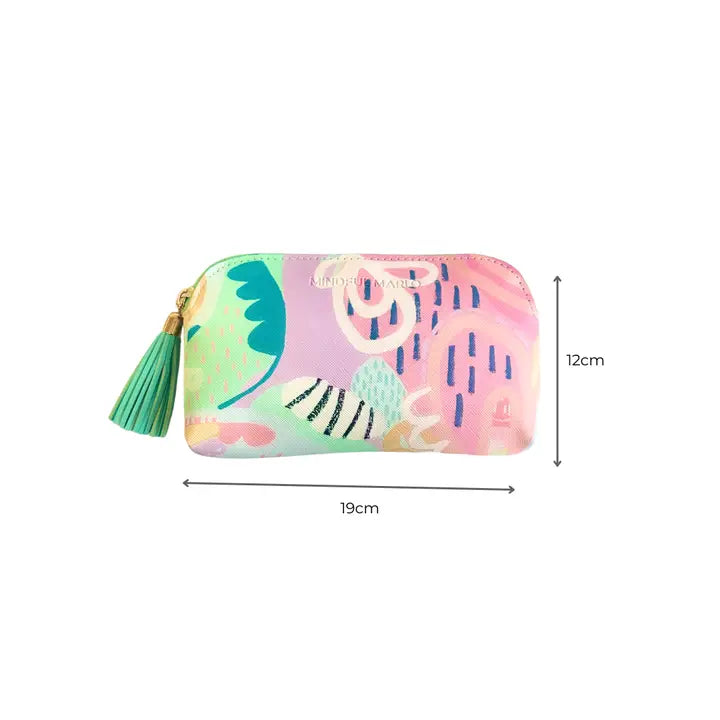 A pastel multicolor zippered pouch with a tassel zipper pull, shown with dimension lines indicating 19cm width and 12cm height on a white background.