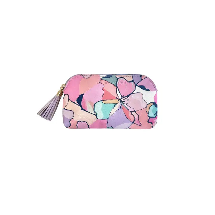 A small zippered pouch with a colorful abstract floral pattern in pink, purple, blue, and peach, featuring a lavender tassel zipper pull on a white background.
