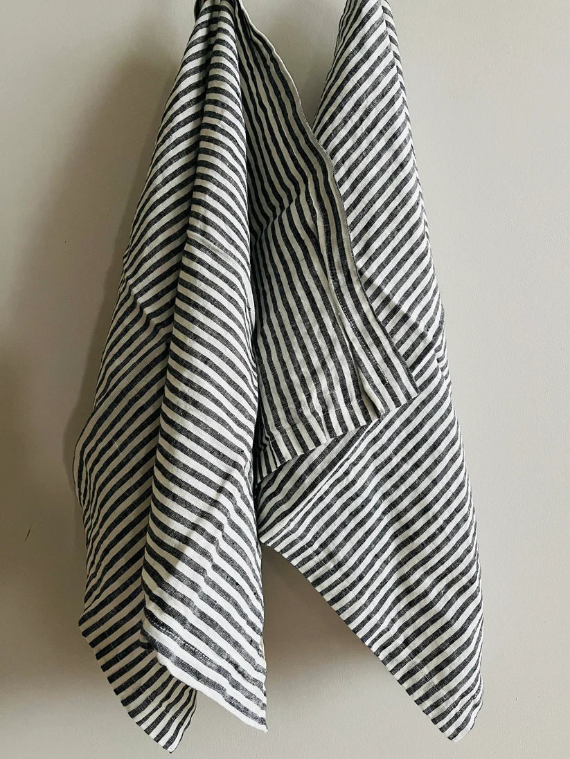 Mama & Tochter French Linen Tea Towel: Charcoal Pinstripes