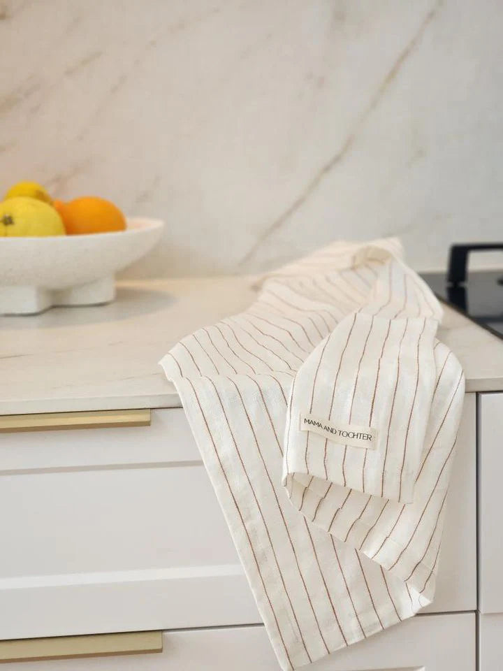 Mama & Tochter Pure French Linen Tea Towel: Toffee Pinstripes