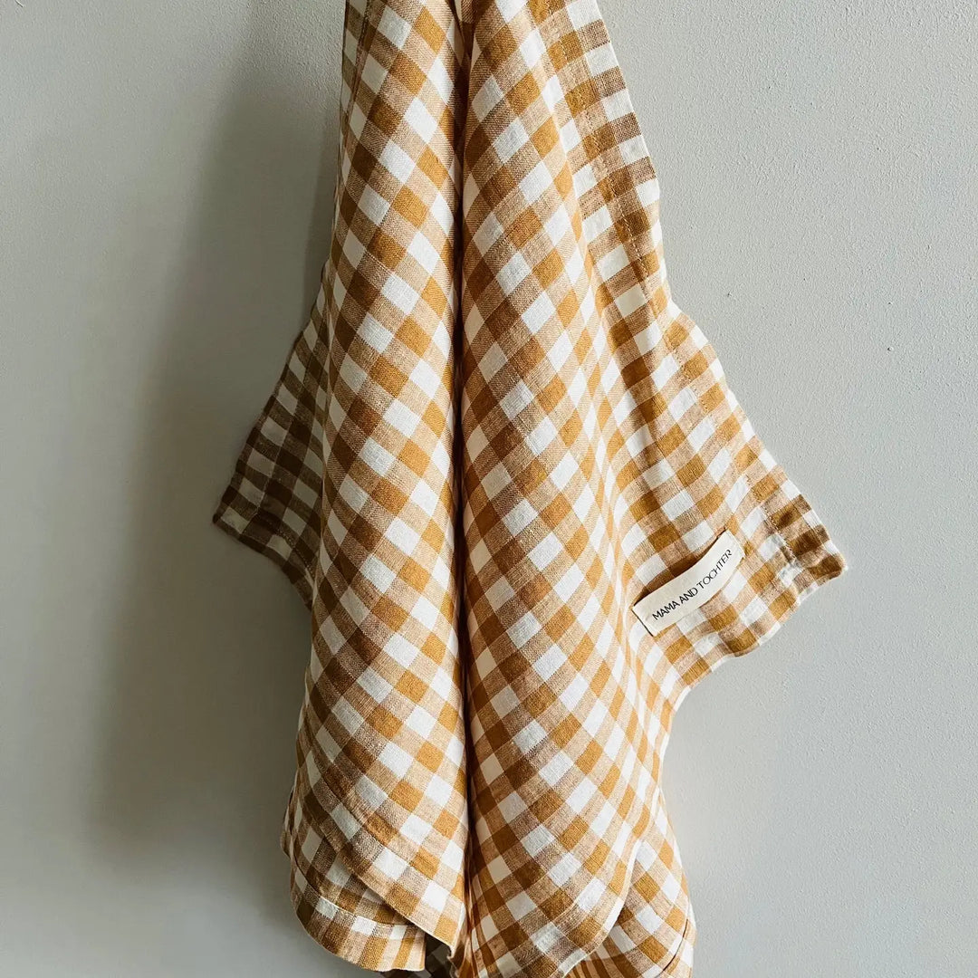 Mama & Tochter Pure French Linen Tea Towel: Toffee Small Gingham