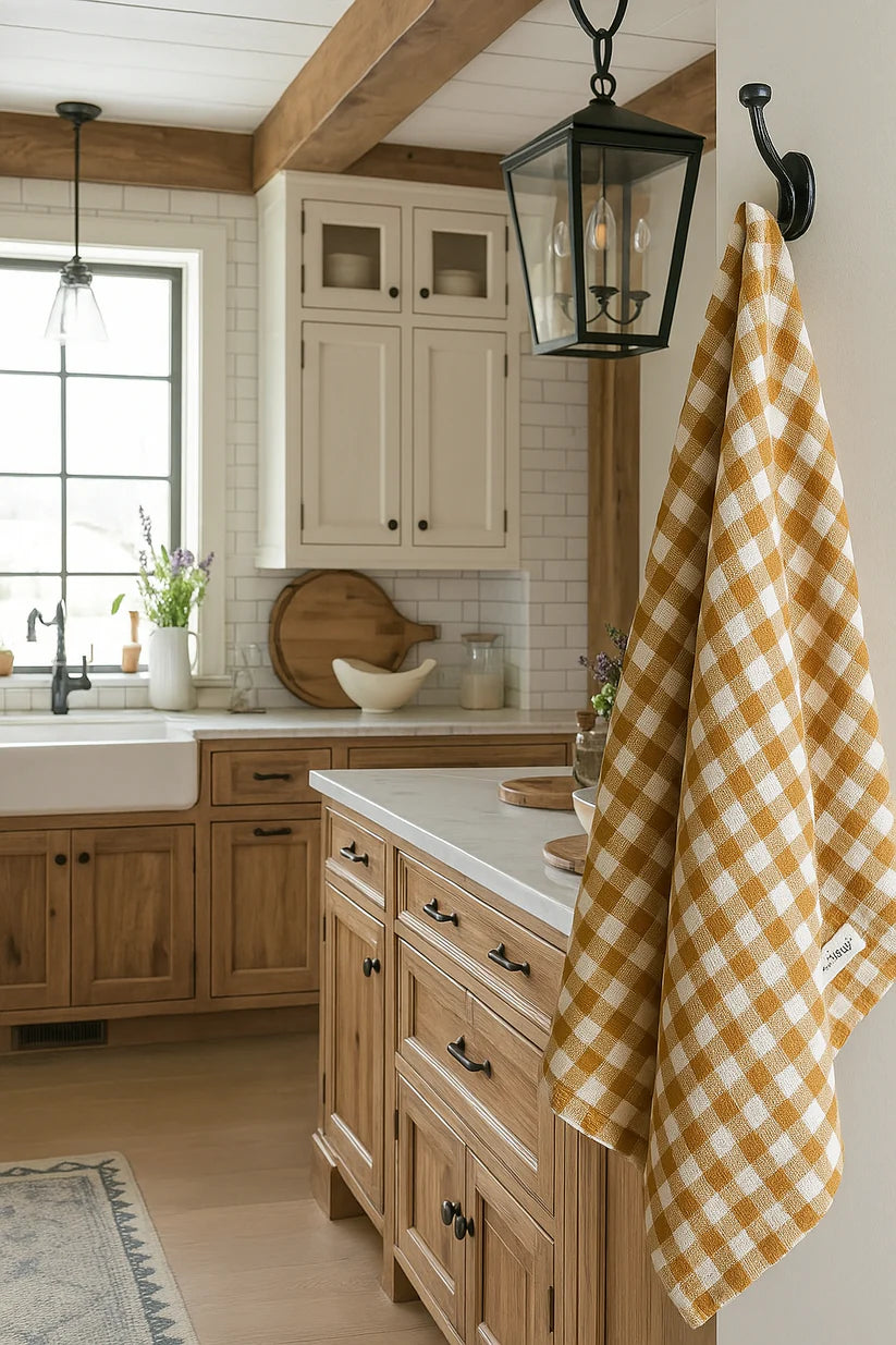 Mama & Tochter Pure French Linen Tea Towel: Toffee Small Gingham