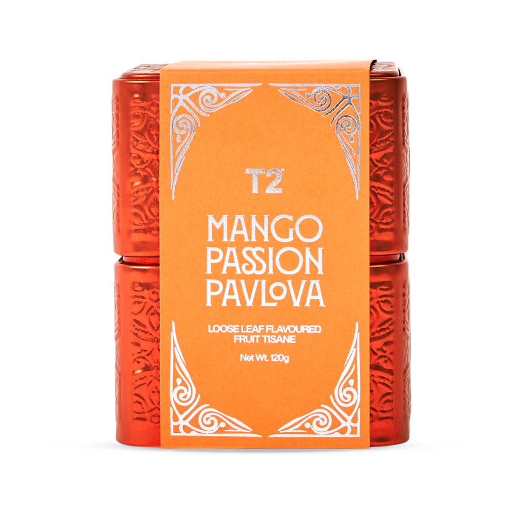 T2 Mango Passion Pavlova tea packaging on a white background