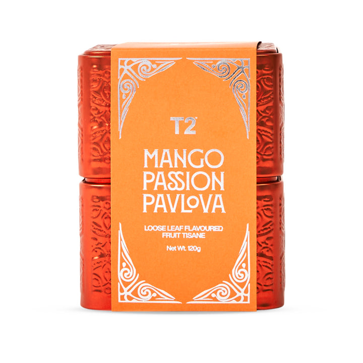 T2 Mango Passion Pavlova tea packaging on a white background