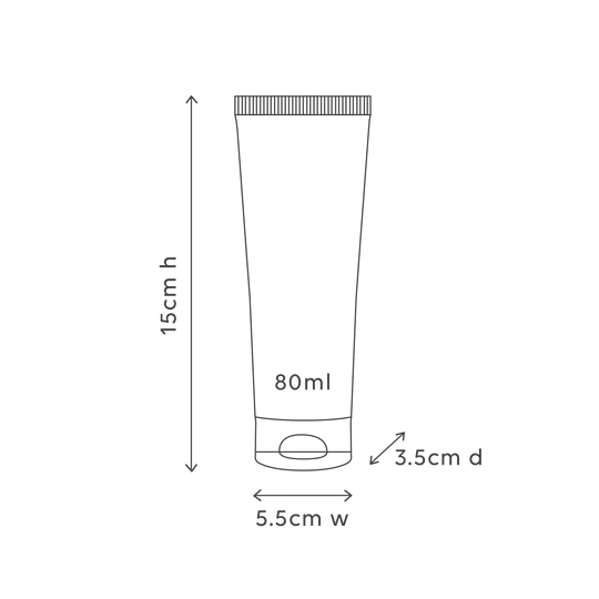 Measurement chart of a 80ml tube with dimensions labeled