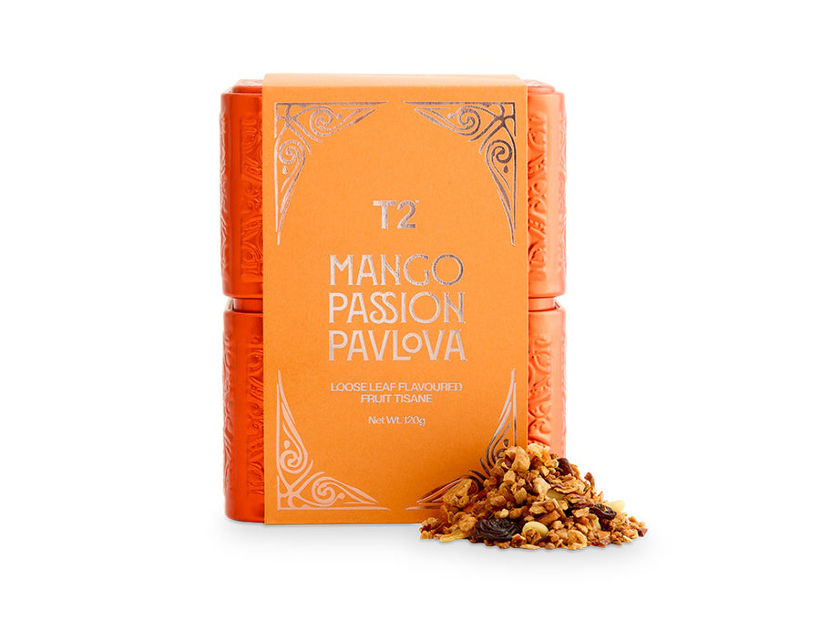 T2 Mango Passion Pavlova tea packaging with loose tea on a white background
