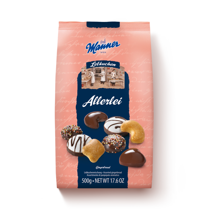 Packaging of Manner Allerlei chocolate covered gingerbread on a white background