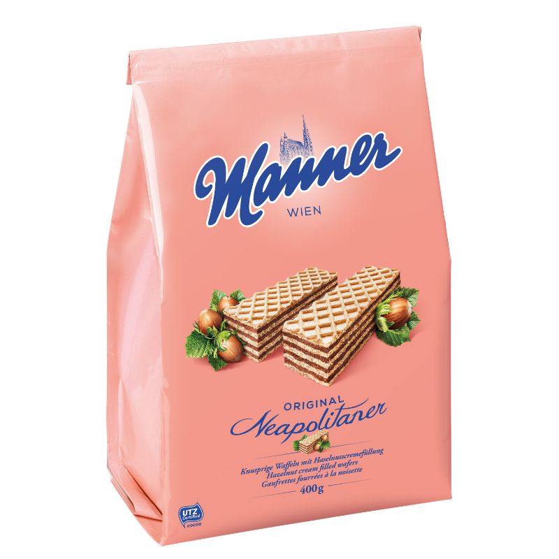 Chocolate & hazelnut wafers in a pink bag on a white background