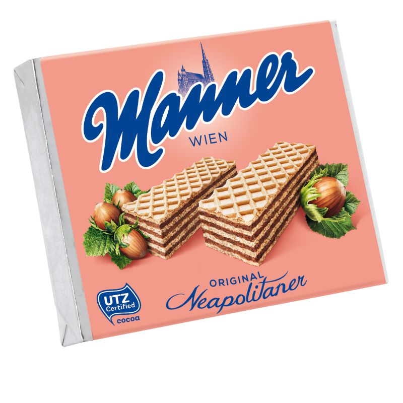 A packet of Manner hazelnut wafer biscuits on a white background