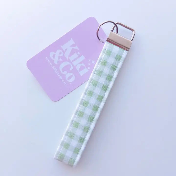 White and age green gingham keychain