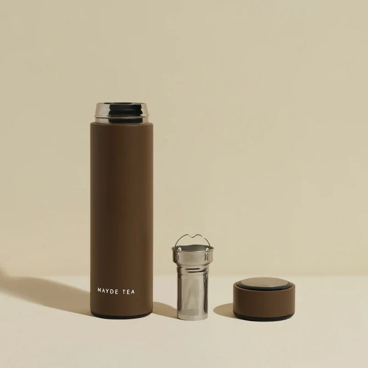 Brown thermos bottle with detachable parts on a beige background
