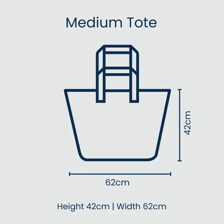 Diagram of a medium tote bag with dimensions on a light gray background