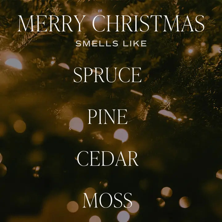 Text 'Merry Christmas Smells Like Spruce Pine Cedar Moss' on a background of Christmas tree branches and lights.