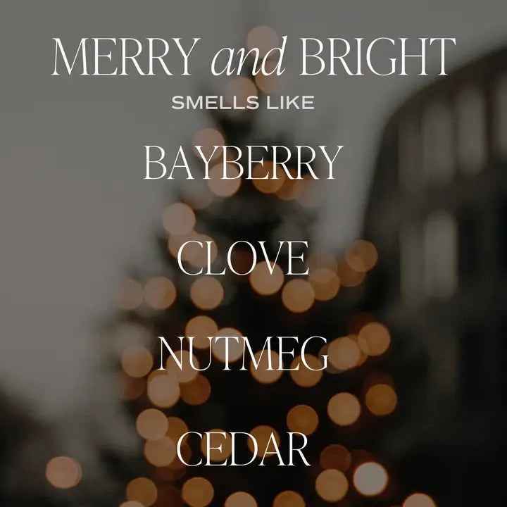 Text overlay with holiday scents on a blurred Christmas tree background