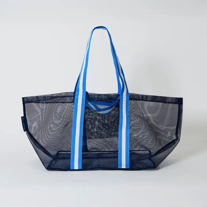 Mesh tote bag with blue straps on a white background