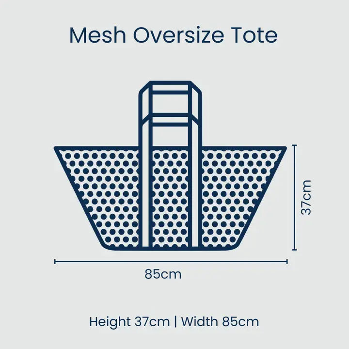 Mesh oversize tote with dimensions on a light gray background