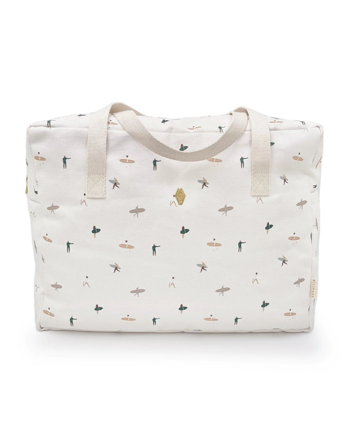 A white cotton tote bag with a tropical surfing pattern and two handles.