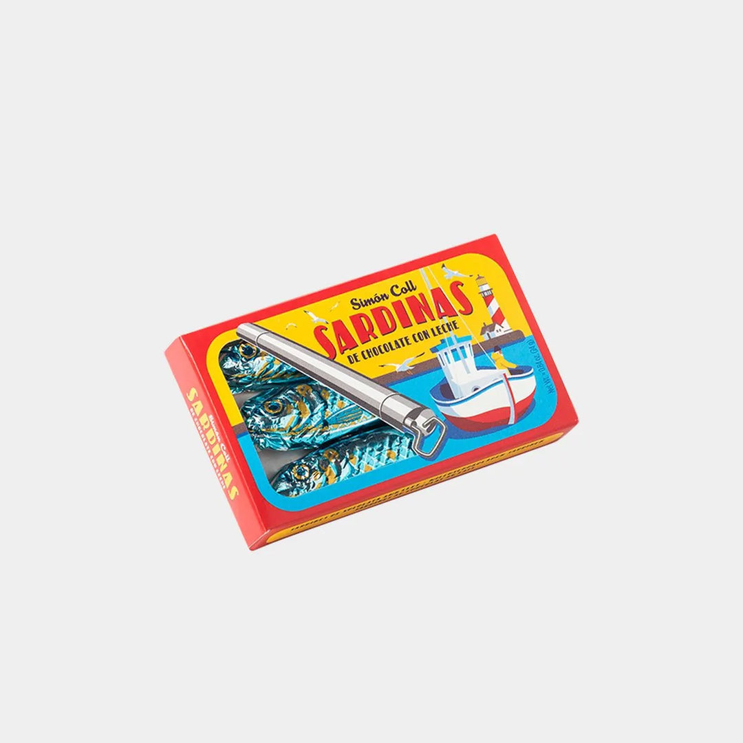 Chocolate wrapped like a tin of sardines in colorful packaging on a white background