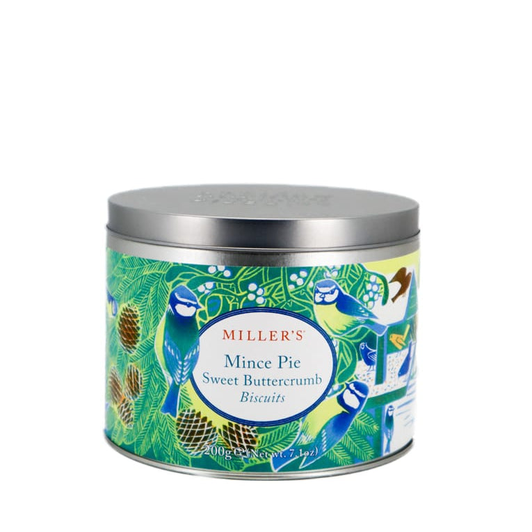 Tin of Miller's Mince Pie Sweet Buttercrumb Biscuits with decorative label on a white background