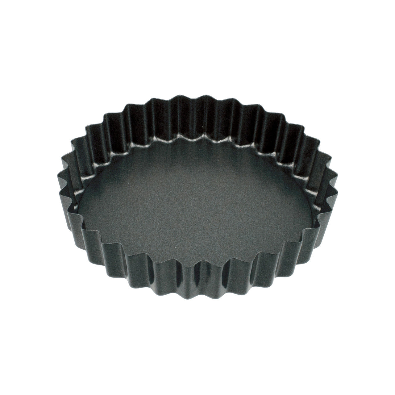 Black fluted tart pan on a white background