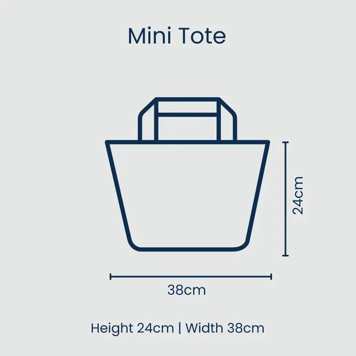 Line drawing of a mini tote bag with dimensions on a light gray background