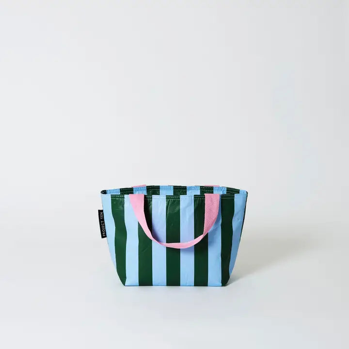 Striped tote bag with green, blue, and pink colors on a white background
