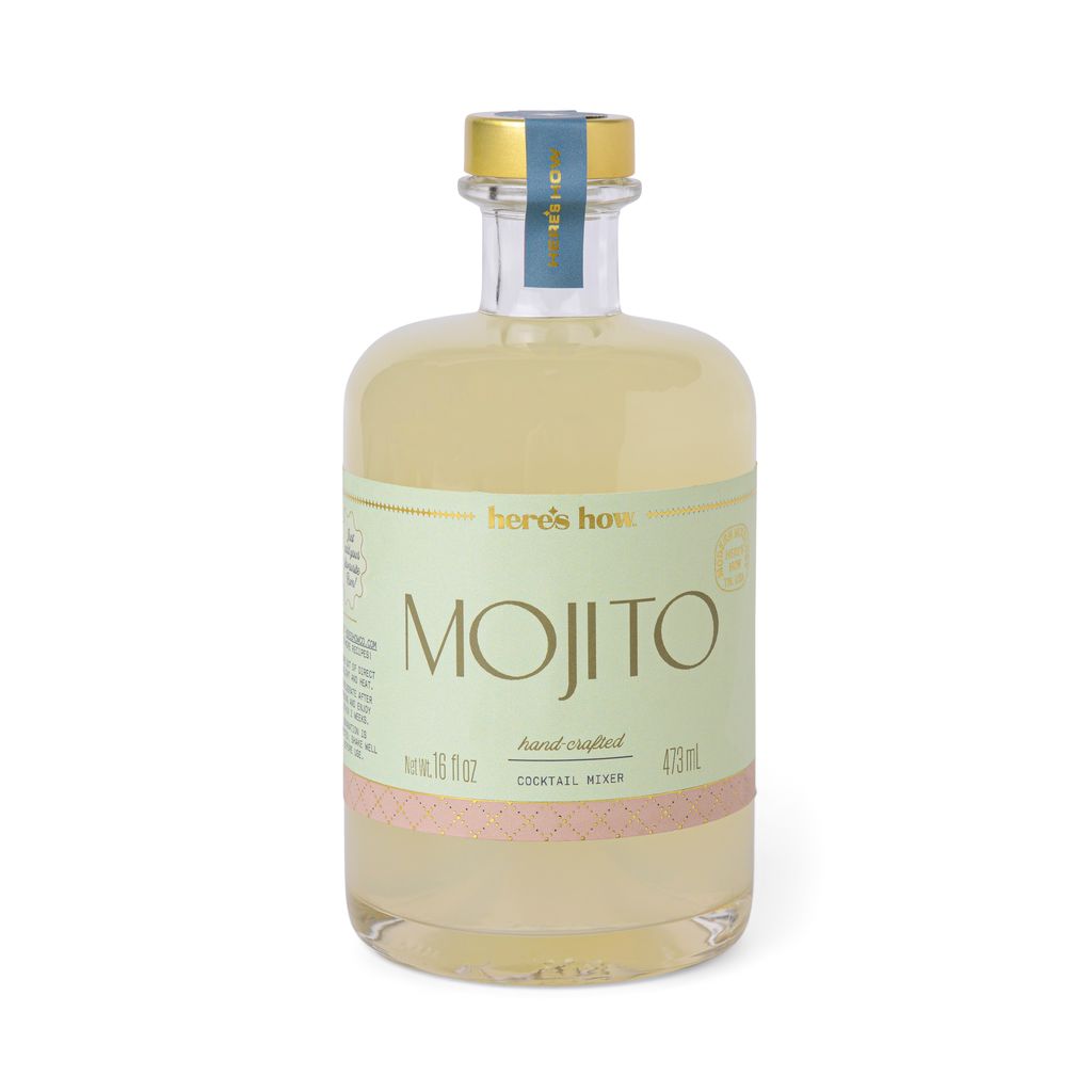 Bottle of 'here's how' mojito cocktail mixer on a white background