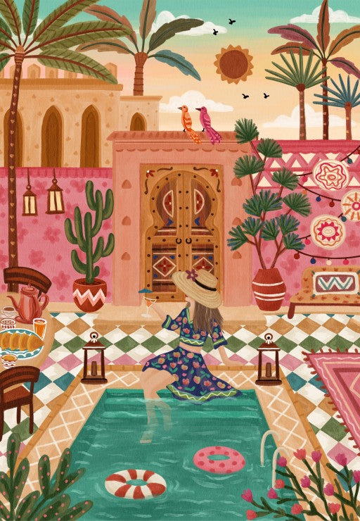 Illustration of a woman in a colorful dress sitting by a pool in a vibrant, palm-tree-lined courtyard.