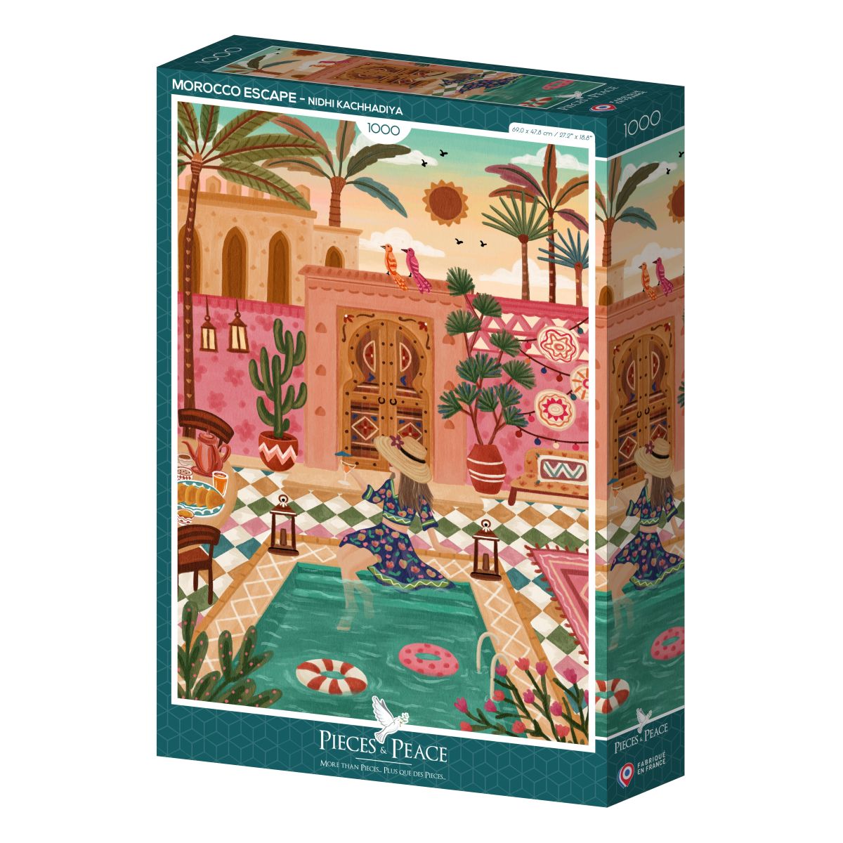Jigsaw puzzle box with a colorful illustration of a Moroccan scene on a white background