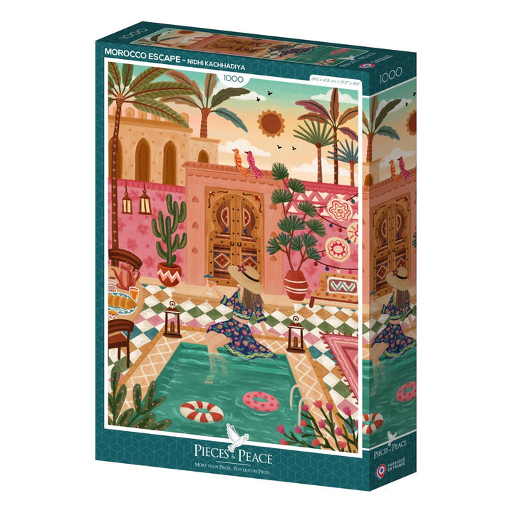 Jigsaw puzzle box with a colorful illustration of a Moroccan scene on a white background