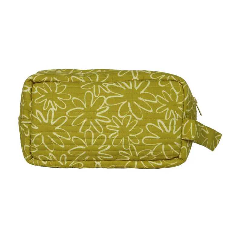 Green floral-patterned toiletry bag on a white background