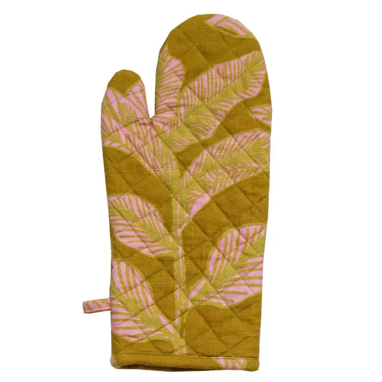 Green and pink patterned oven mitt on a white background