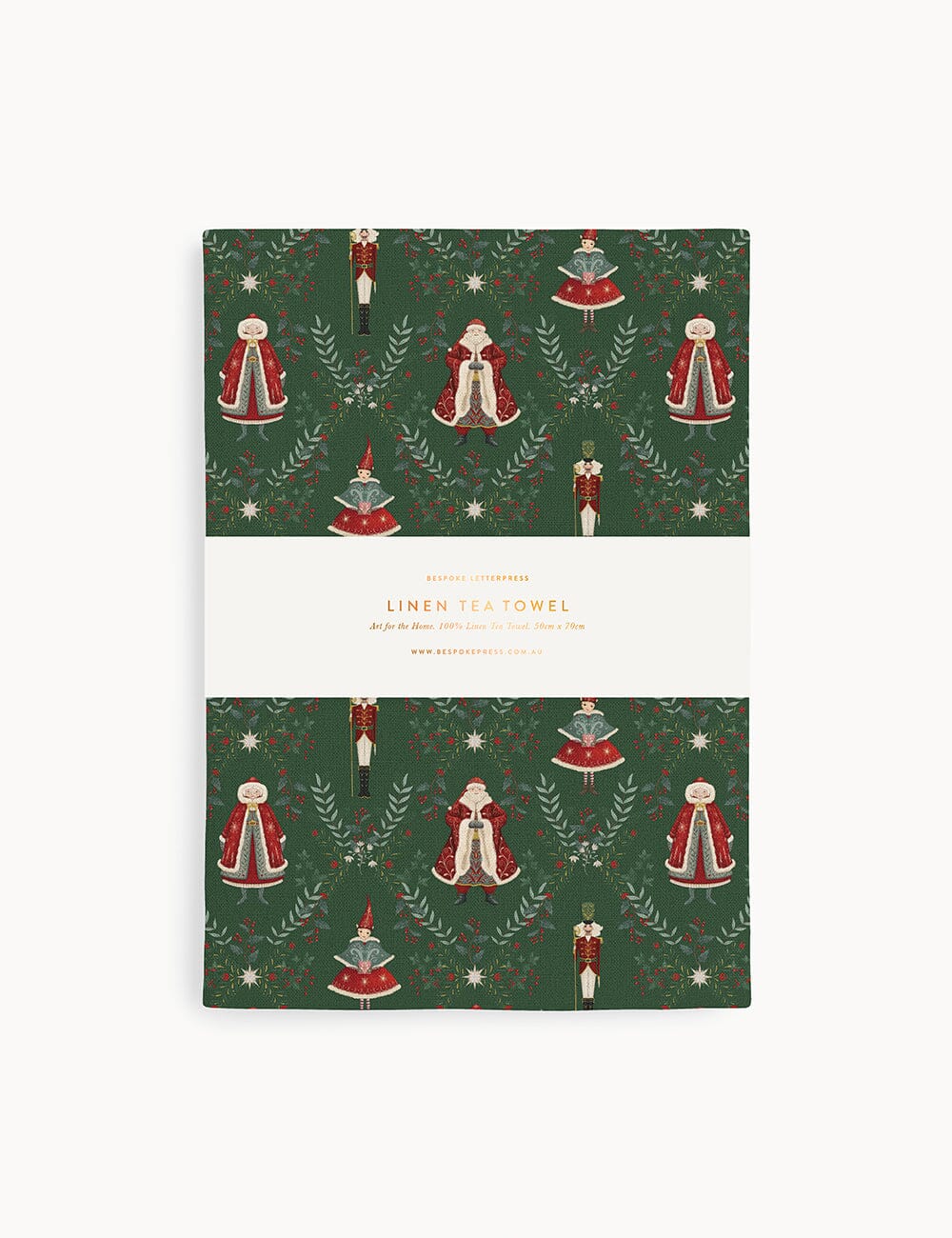 Christmas linen tea towel with santa claus on white background