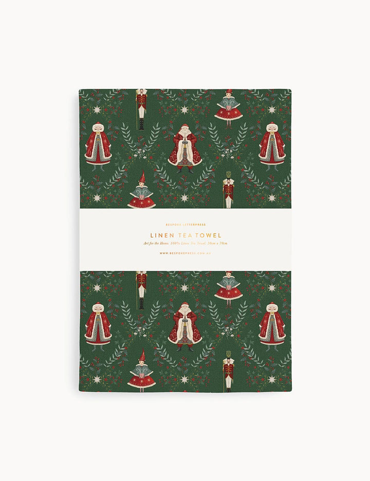 Christmas linen tea towel with santa claus on white background