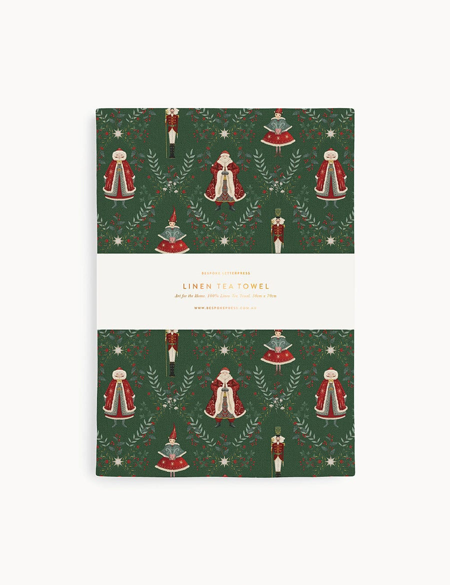 Christmas linen tea towel with santa claus on white background