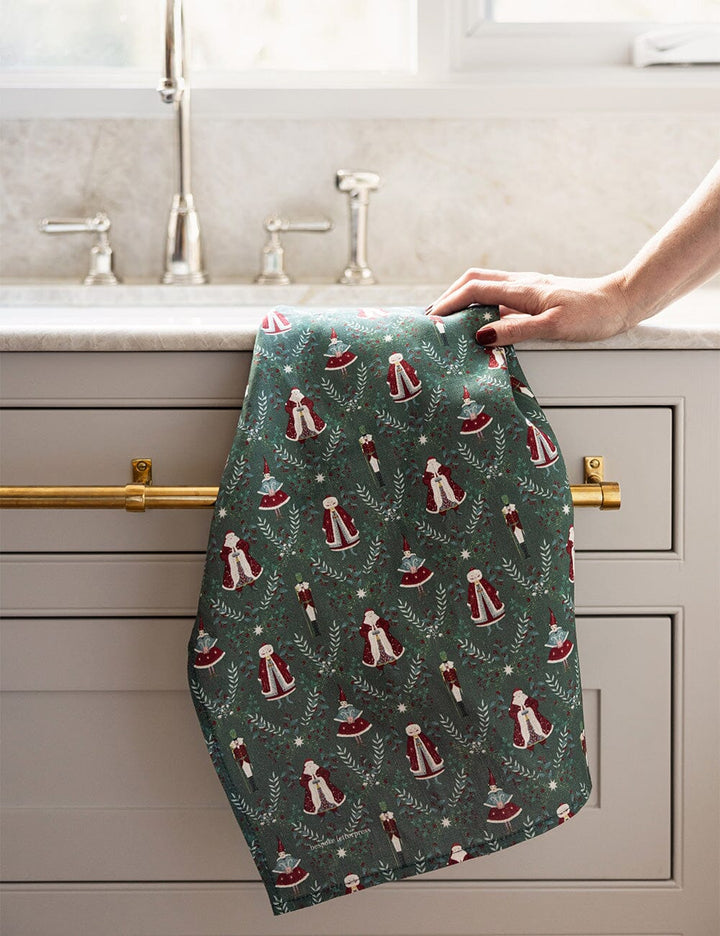 Christmas linen tea towel with santa claus in kitchen sink