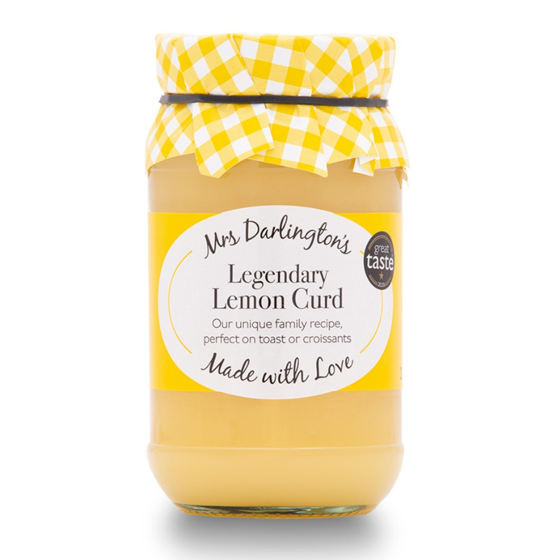 A glass jar of Mrs Darlington's Legendary Lemon Curd with a yellow and white gingham checkered paper lid and a white label on a clean white background.