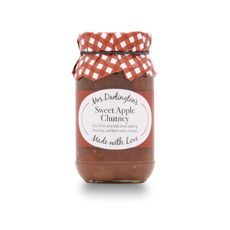 A jar of Mrs Darlington's Sweet Apple Chutney on a white background 