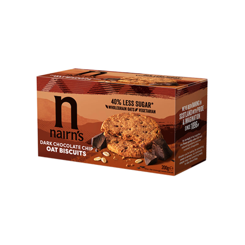 Box of Nairn's Dark Chocolate Chip Oat Biscuits on a white background