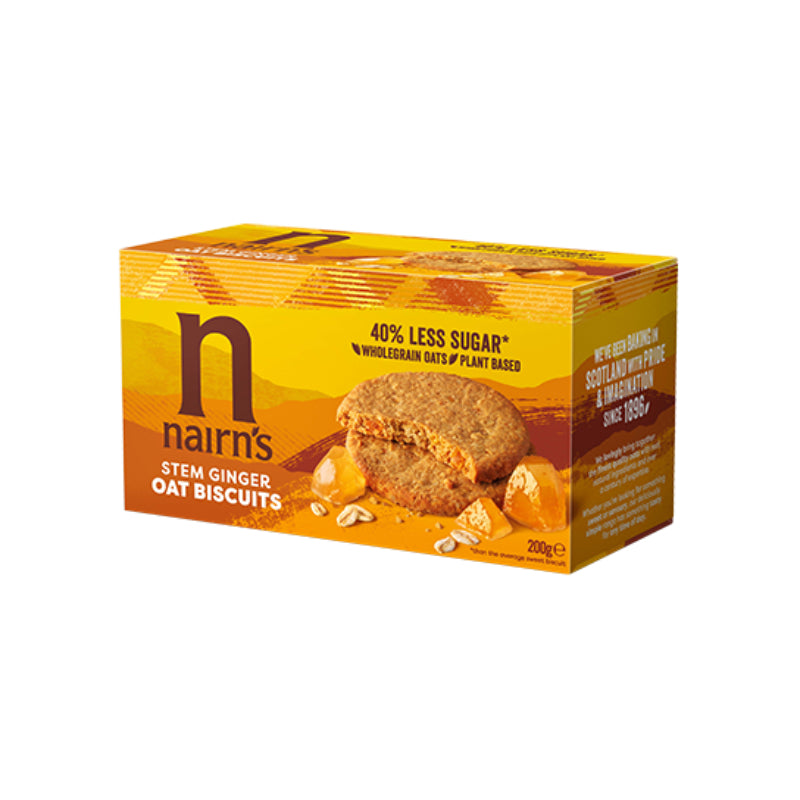Nairn's stem ginger oat biscuits in a box on a white background
