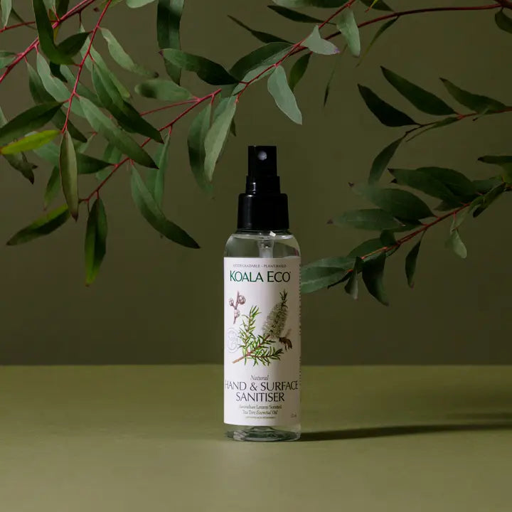 Koala Eco hand and surface sanitiser bottle with eucalyptus leaves on a green background