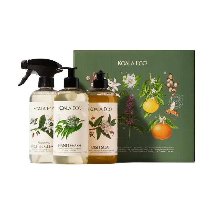 Koala Eco cleaning products including a spray bottle, bottles of hand wash and dish soap, with a branded box in the background.
