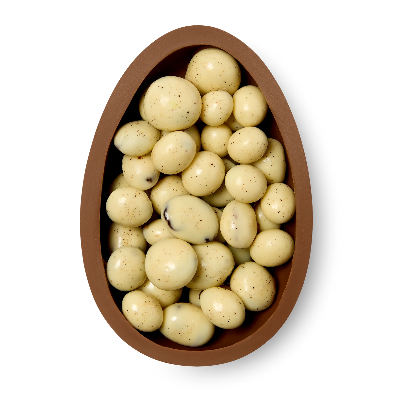 Brown chocolate egg filled with white chocolate covered sultanas on a white background